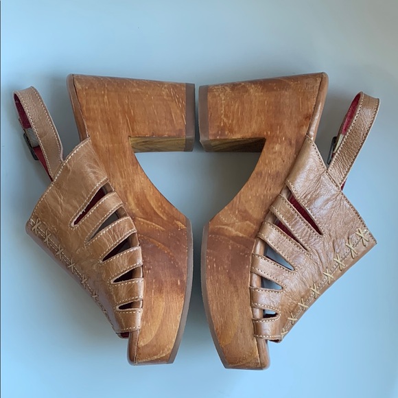 New Free People Bed Stu Tan Leather Platform Sandals Slingback Heels Clogs Sz 8 - Picture 4 of 11